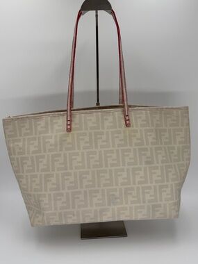 Fendi Zucca Monogram Tote with Red Trimmed Straps and Zip Top